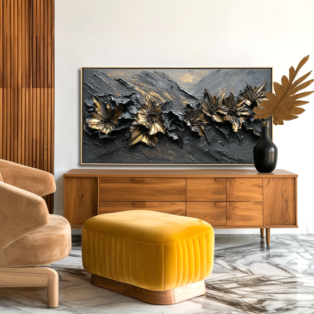 Textured abstract floral art featuring black background with golden flowers.