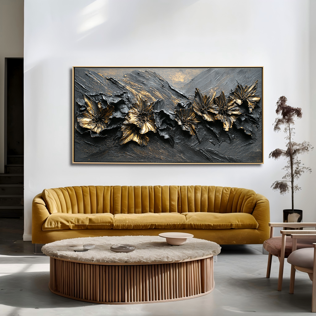 Textured abstract floral art featuring black background with golden flowers.