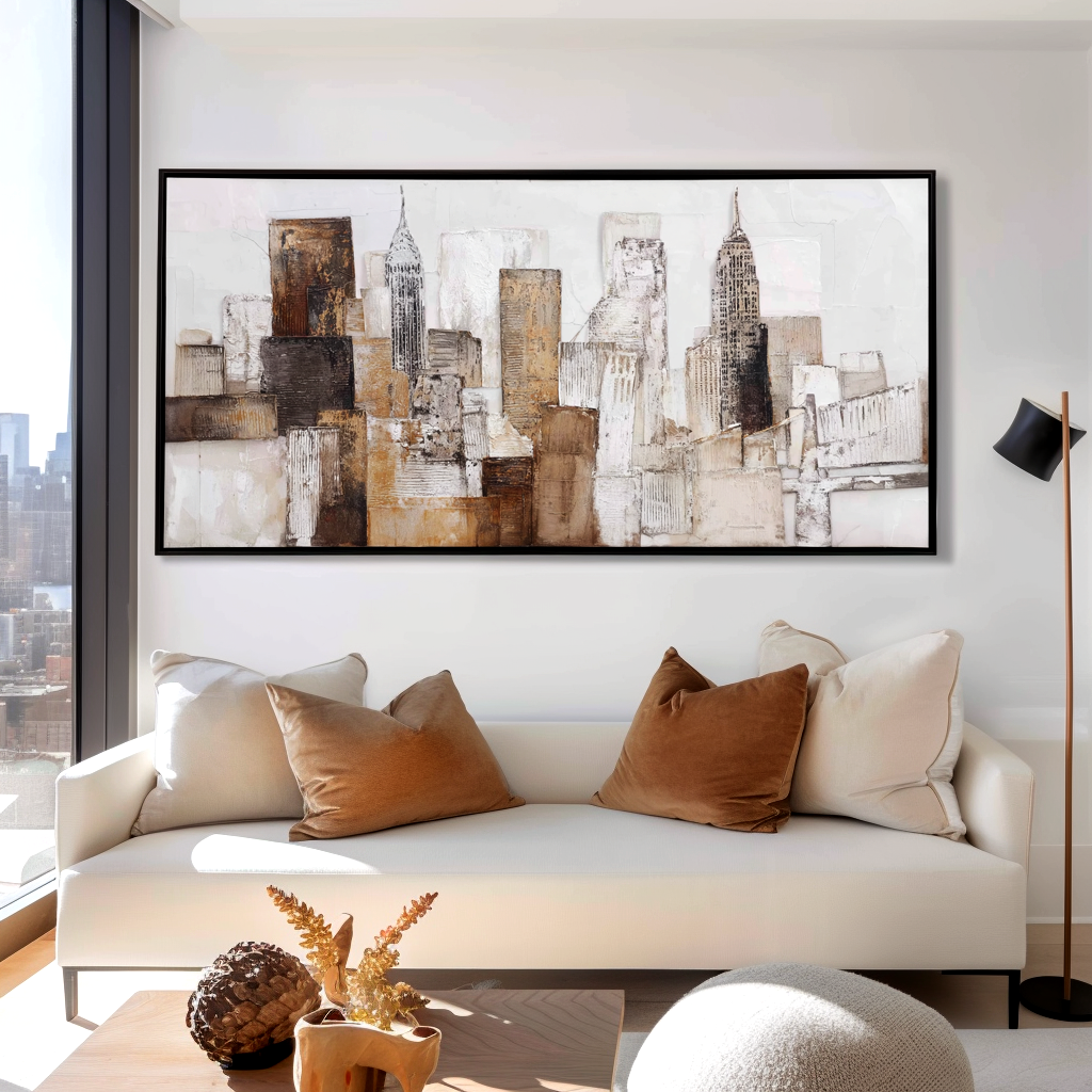 Abstract cityscape featuring textured buildings in earth tones with the Empire State Building.