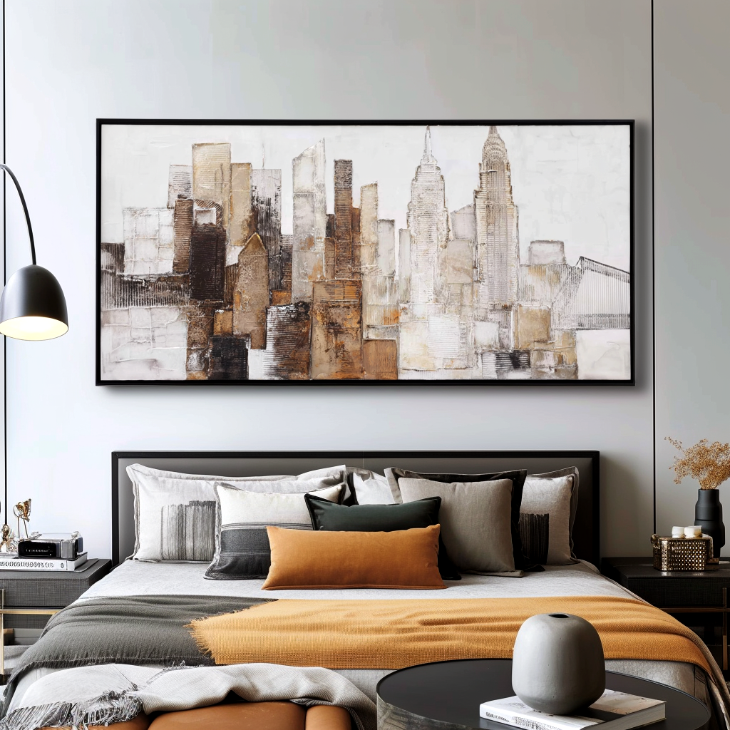 Textured abstract cityscape with skyscrapers, including the Empire State Building.