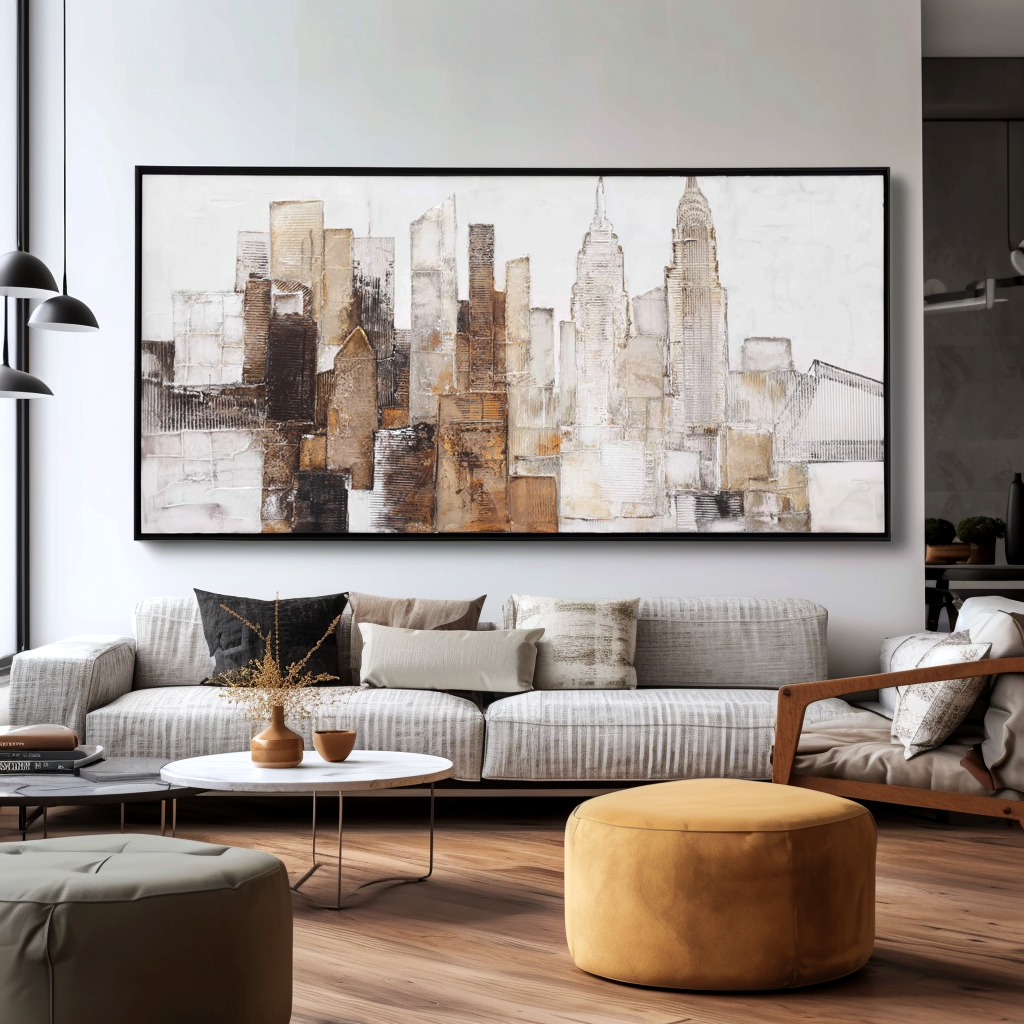 Textured abstract cityscape with skyscrapers, including the Empire State Building.