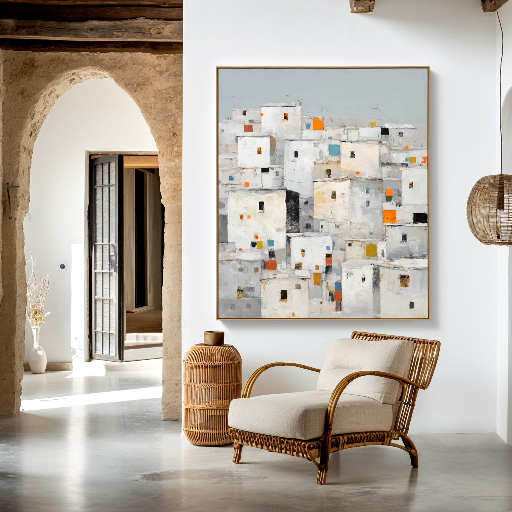 Abstract cityscape featuring houses with colorful windows in white and gray tones.