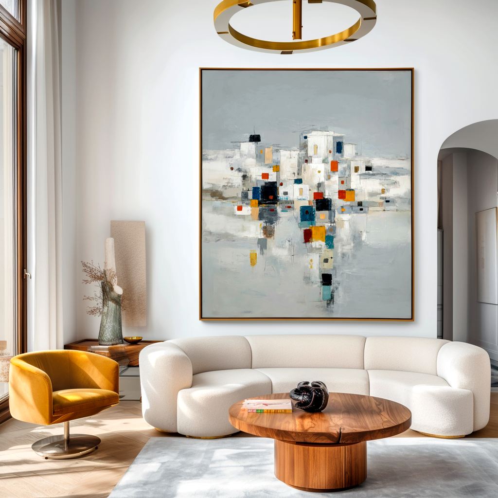 Abstract cityscape with vibrant colorful squares and geometric buildings.