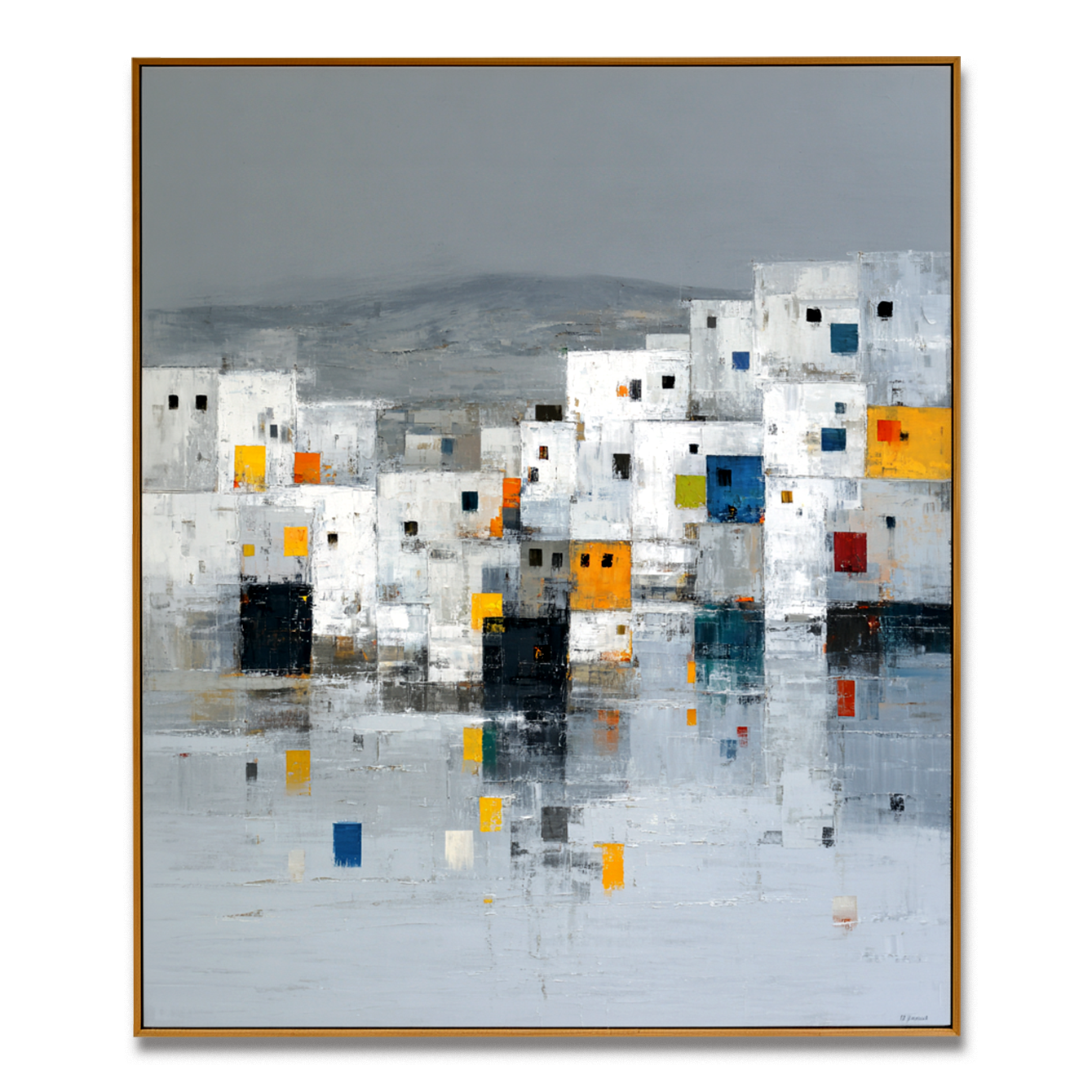 Abstract cityscape with colorful square windows and minimalist design.