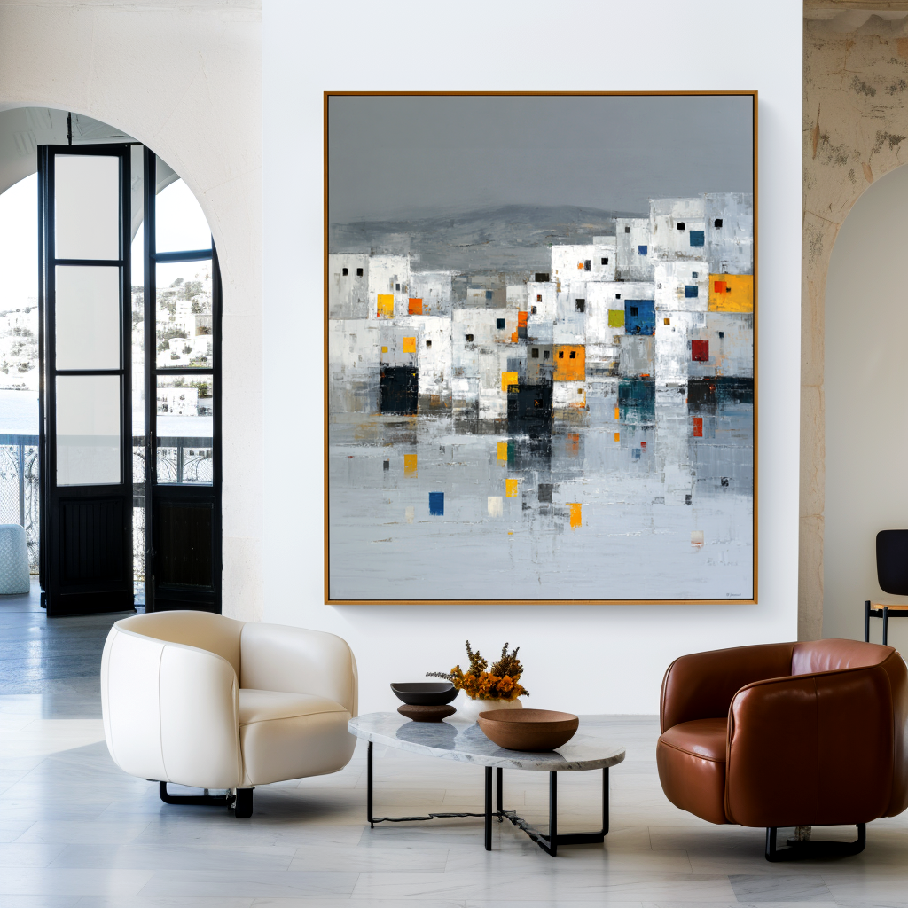 Abstract cityscape with colorful square windows and minimalist design.