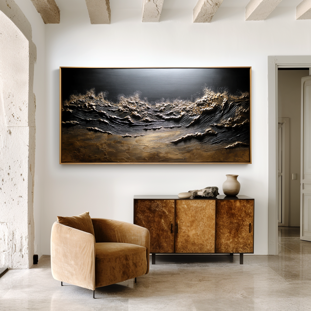 3D textured artwork of crashing ocean waves with gold and bronze accents.