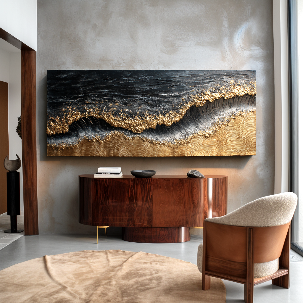 3D textured ocean waves art with gold accents on a dark background.