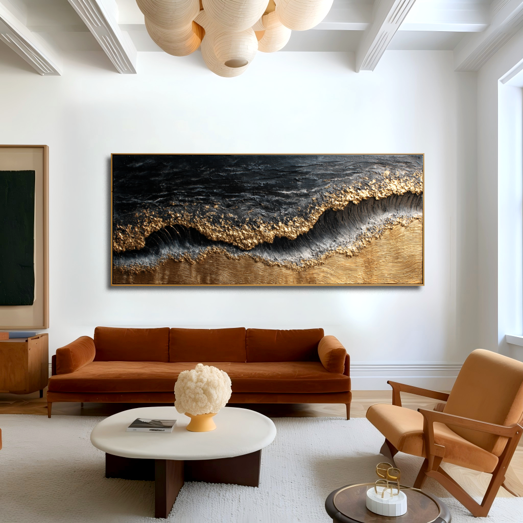 3D textured ocean waves art with gold accents on a dark background.