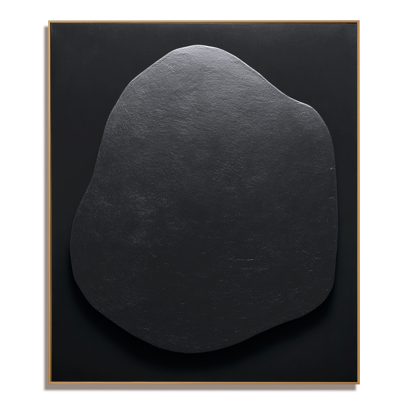 Minimalist black textured artwork with an organic shape.