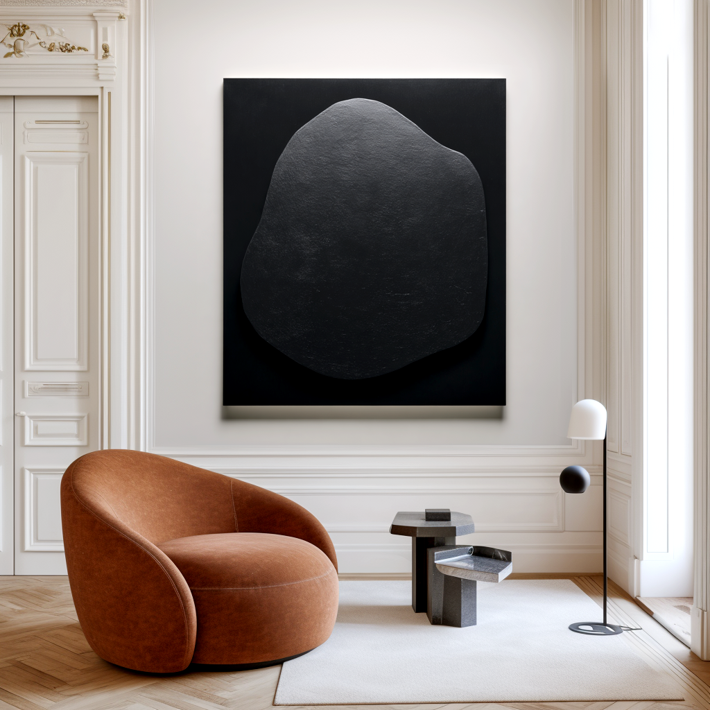 Minimalist black textured artwork with an organic shape.