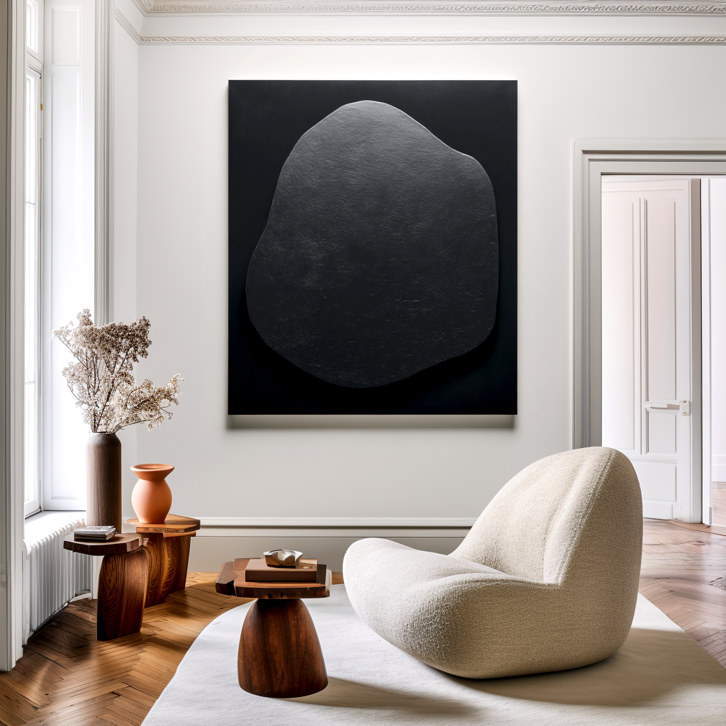 Minimalist black textured artwork with an organic shape.