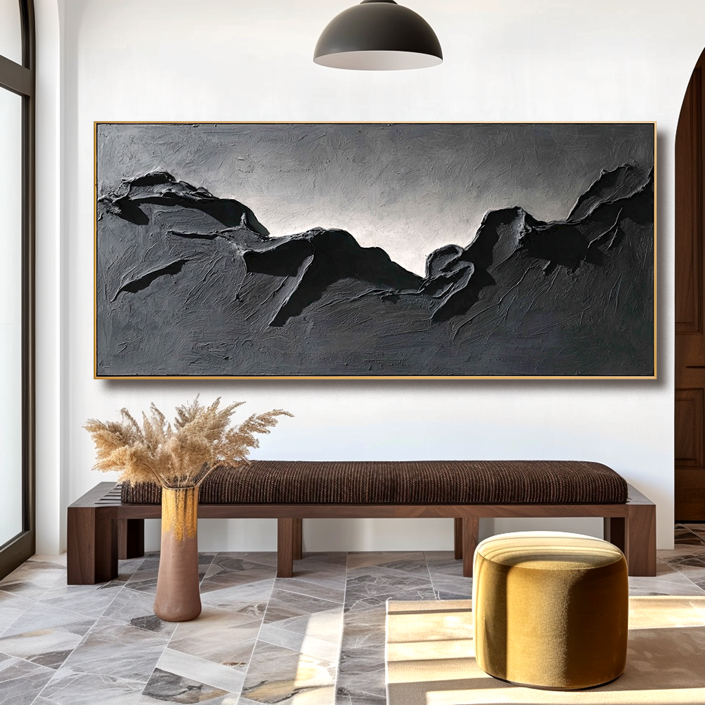 Abstract textured mountain landscape in black and white.