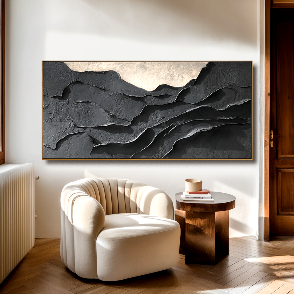 Abstract textured mountain landscape with dark tones and gold highlights.