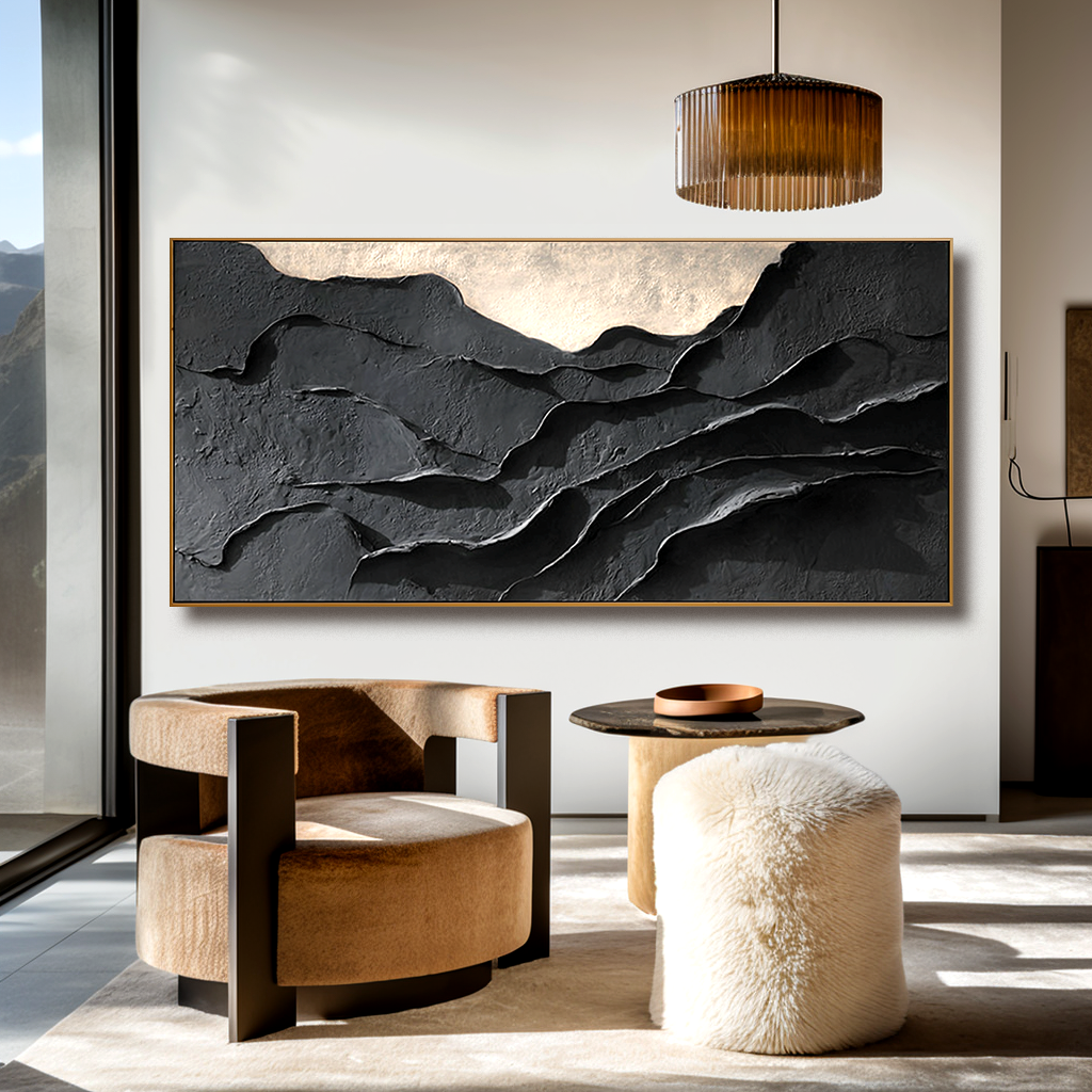 Abstract textured mountain landscape with dark tones and gold highlights.