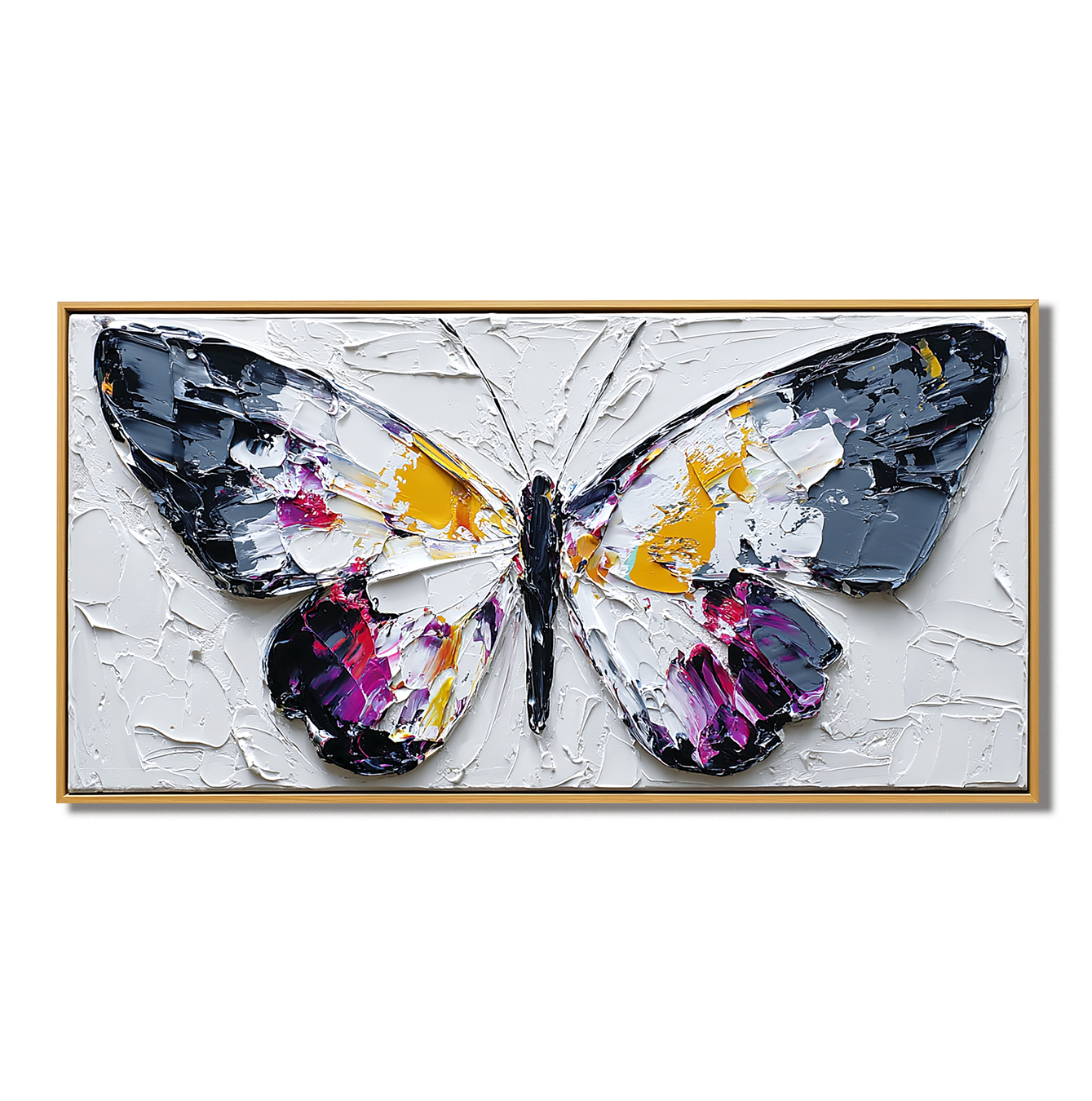 Textured butterfly painting with vibrant colors on canvas