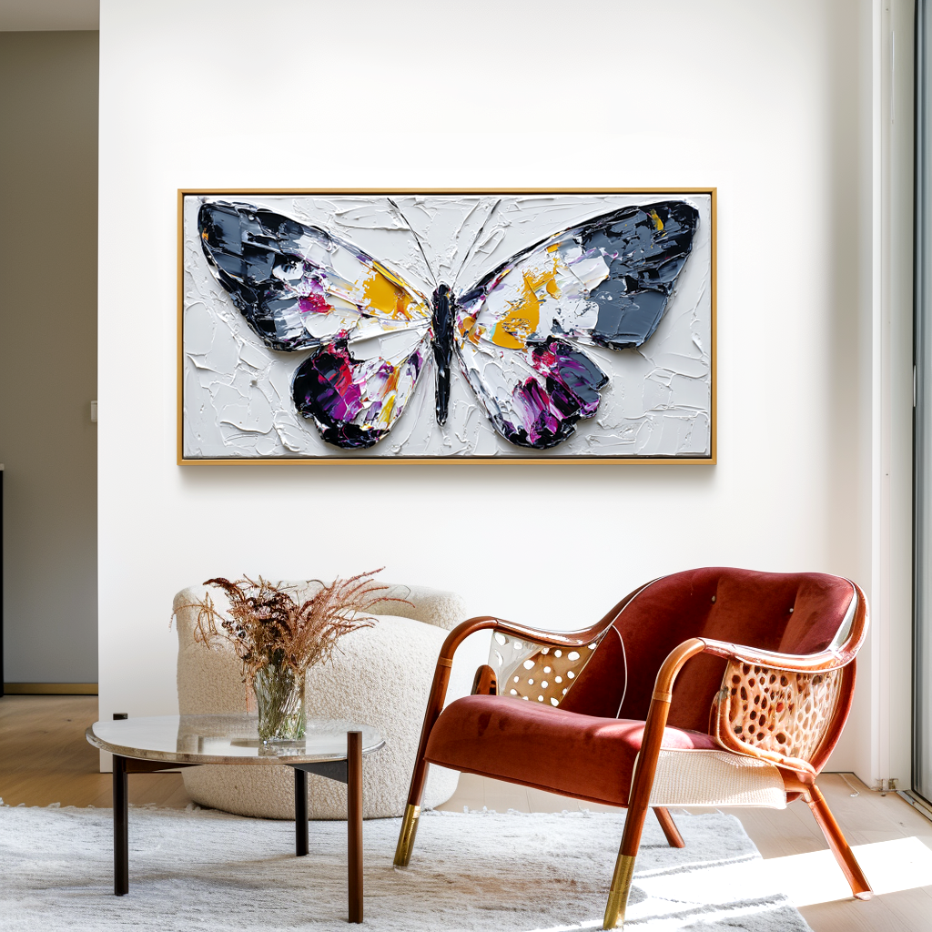 Textured butterfly painting with vibrant colors on canvas