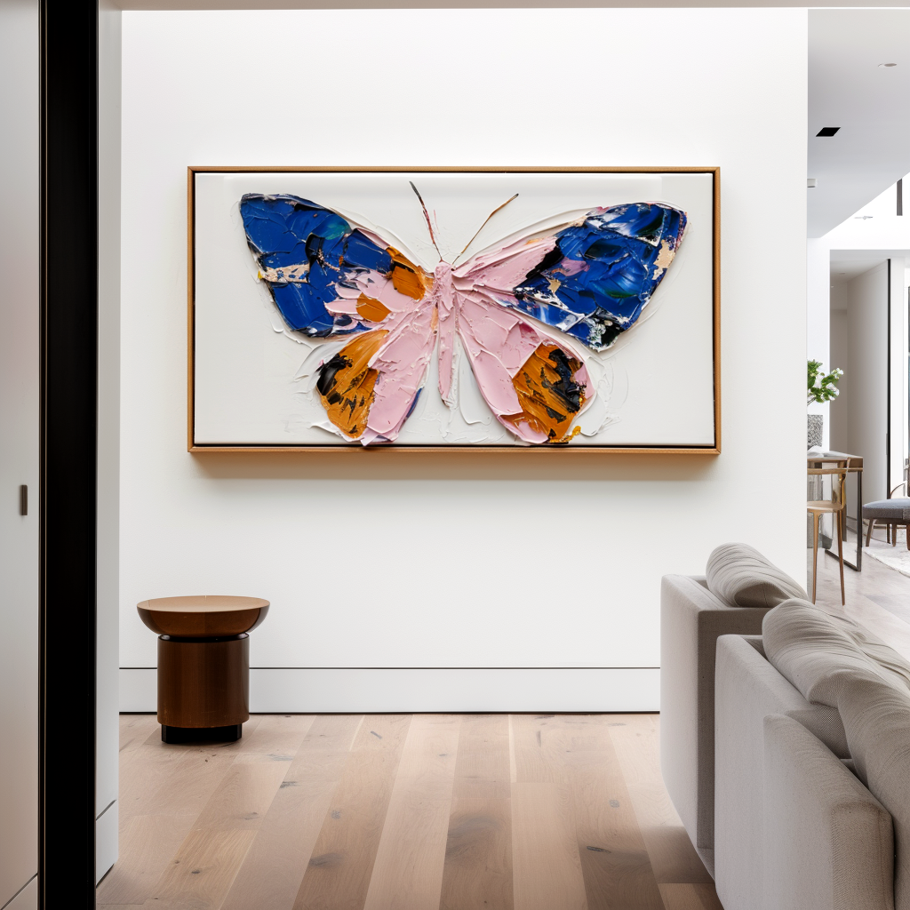 Textured butterfly painting with vibrant pink, blue, and orange colors on canvas