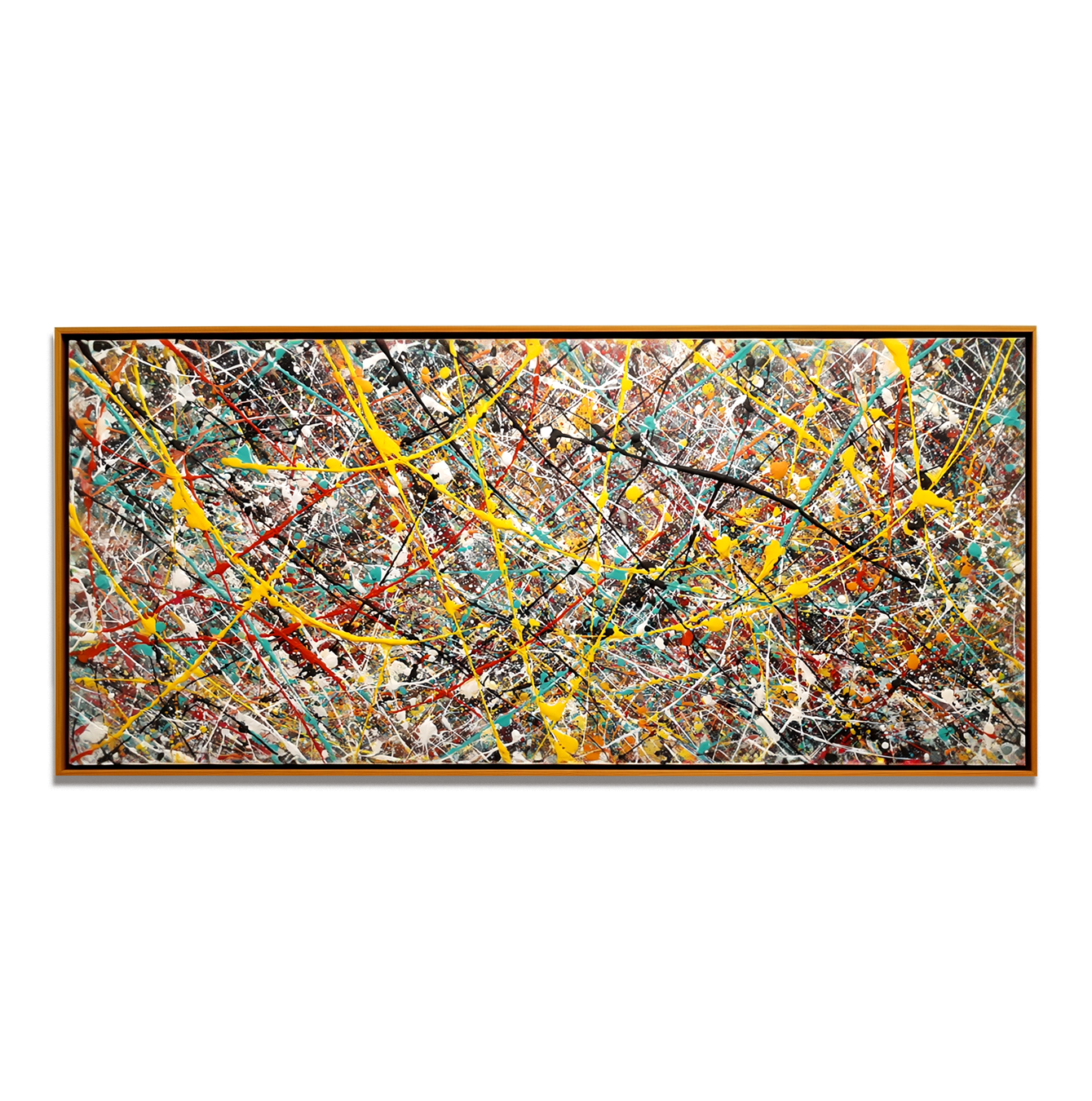 Abstract canvas painting with vibrant colorful splashes and textured strokes