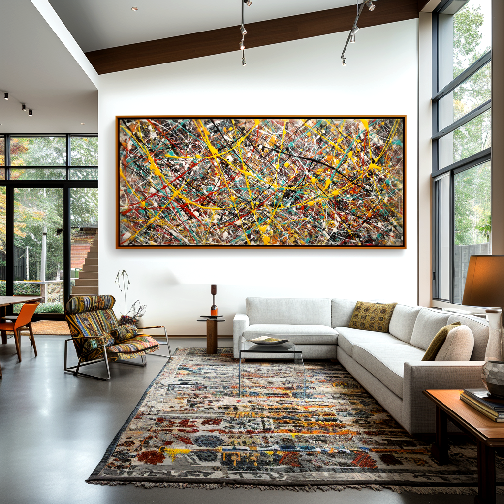 Abstract canvas painting with vibrant colorful splashes and textured strokes