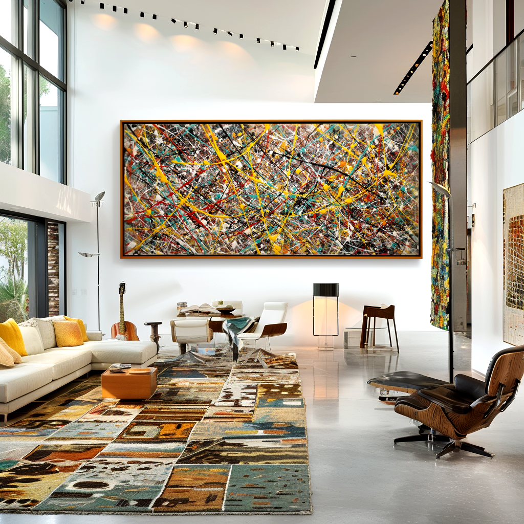 Abstract canvas painting with vibrant colorful splashes and textured strokes