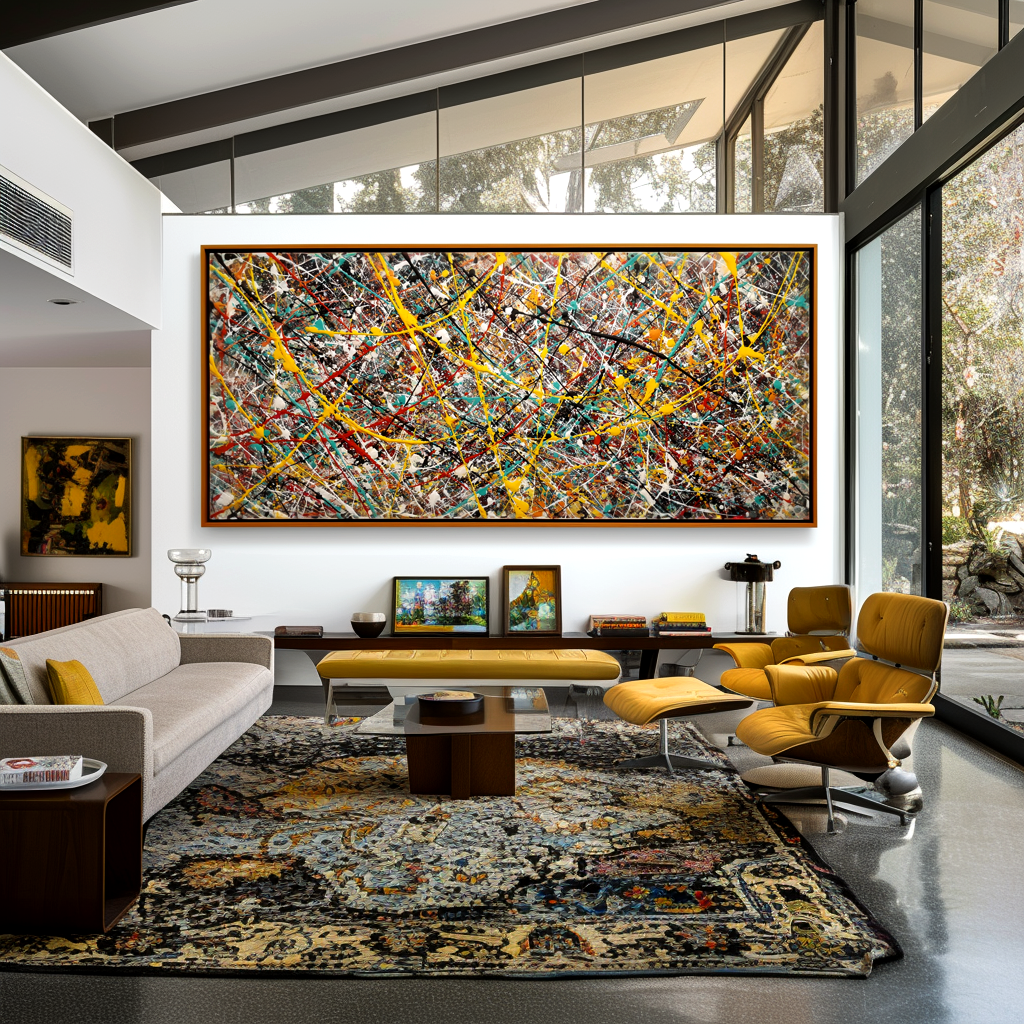 Abstract canvas painting with vibrant colorful splashes and textured strokes