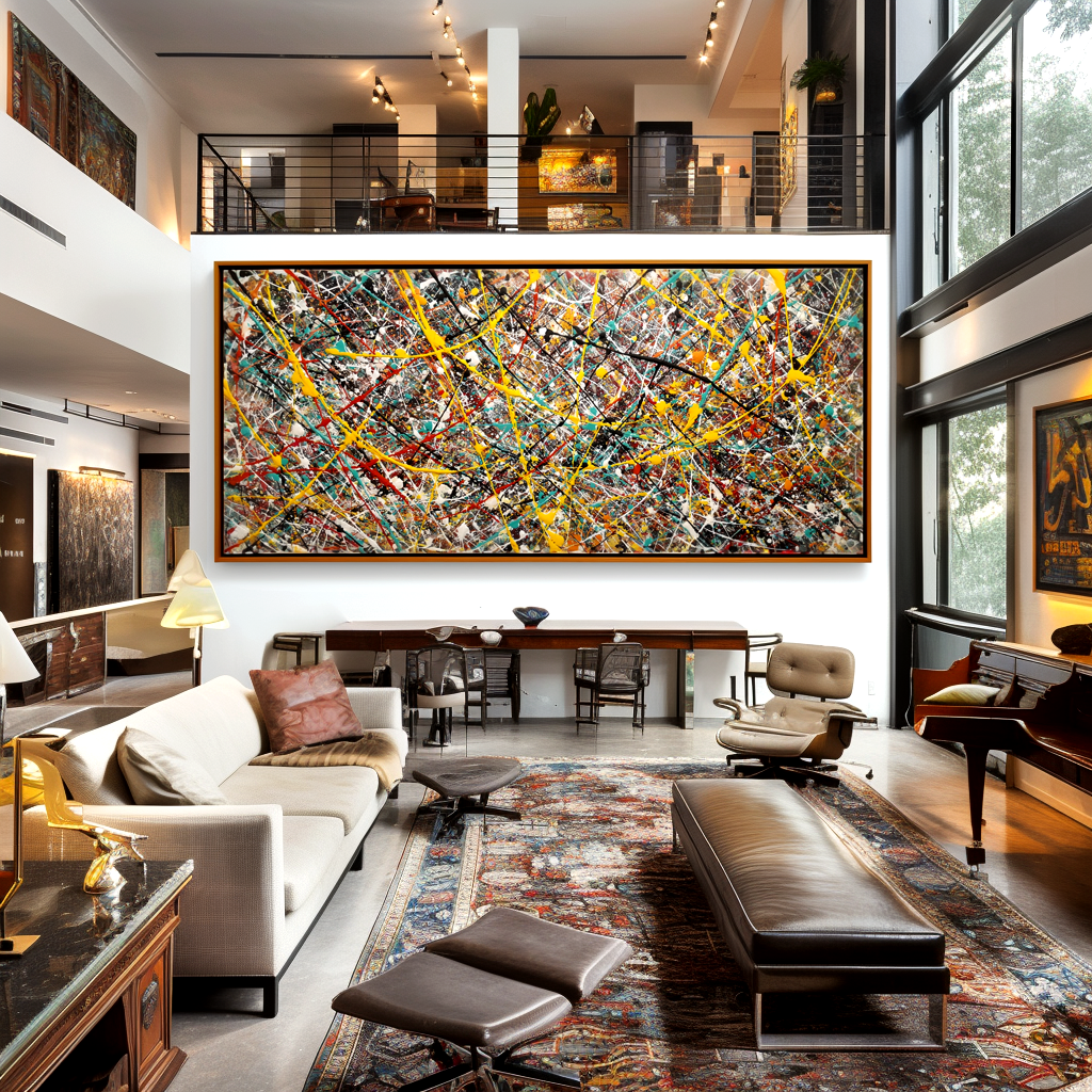 Abstract canvas painting with vibrant colorful splashes and textured strokes