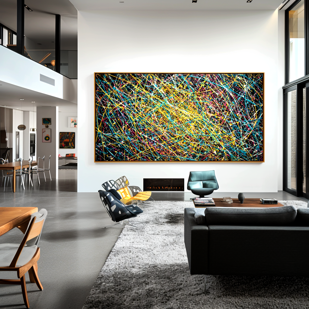 Abstract canvas painting with colorful textured splatters on black background