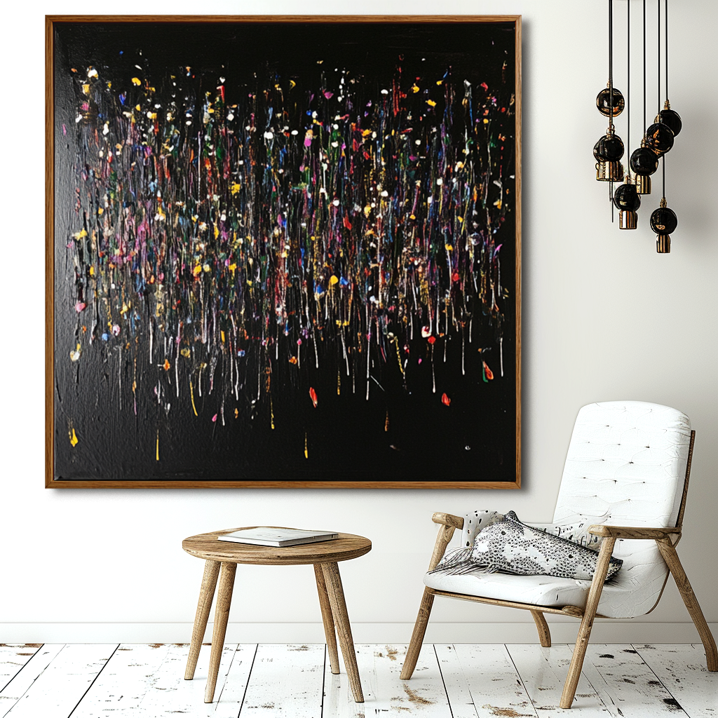 Abstract colorful rainfall painting on black canvas with textured paint drips.
