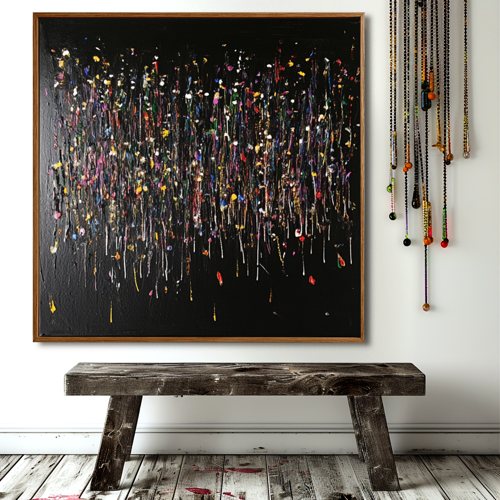 Abstract colorful rainfall painting on black canvas with textured paint drips.