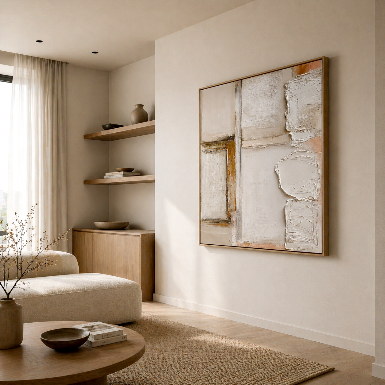Textured neutral abstract wall art with minimalist wabi-sabi design