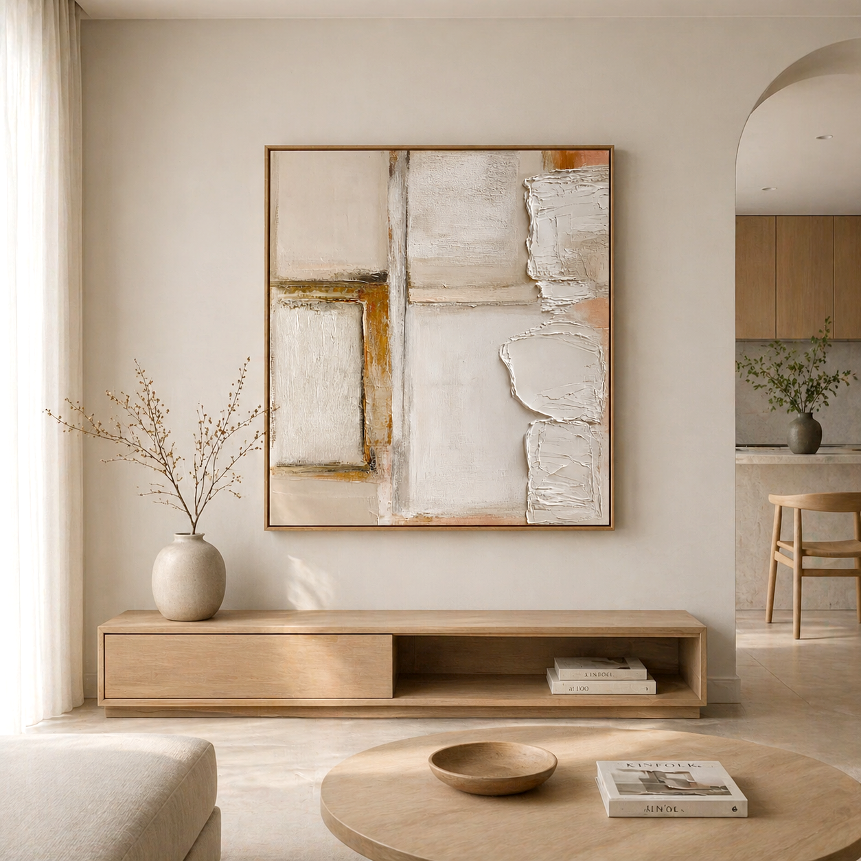 Textured neutral abstract wall art with minimalist wabi-sabi design