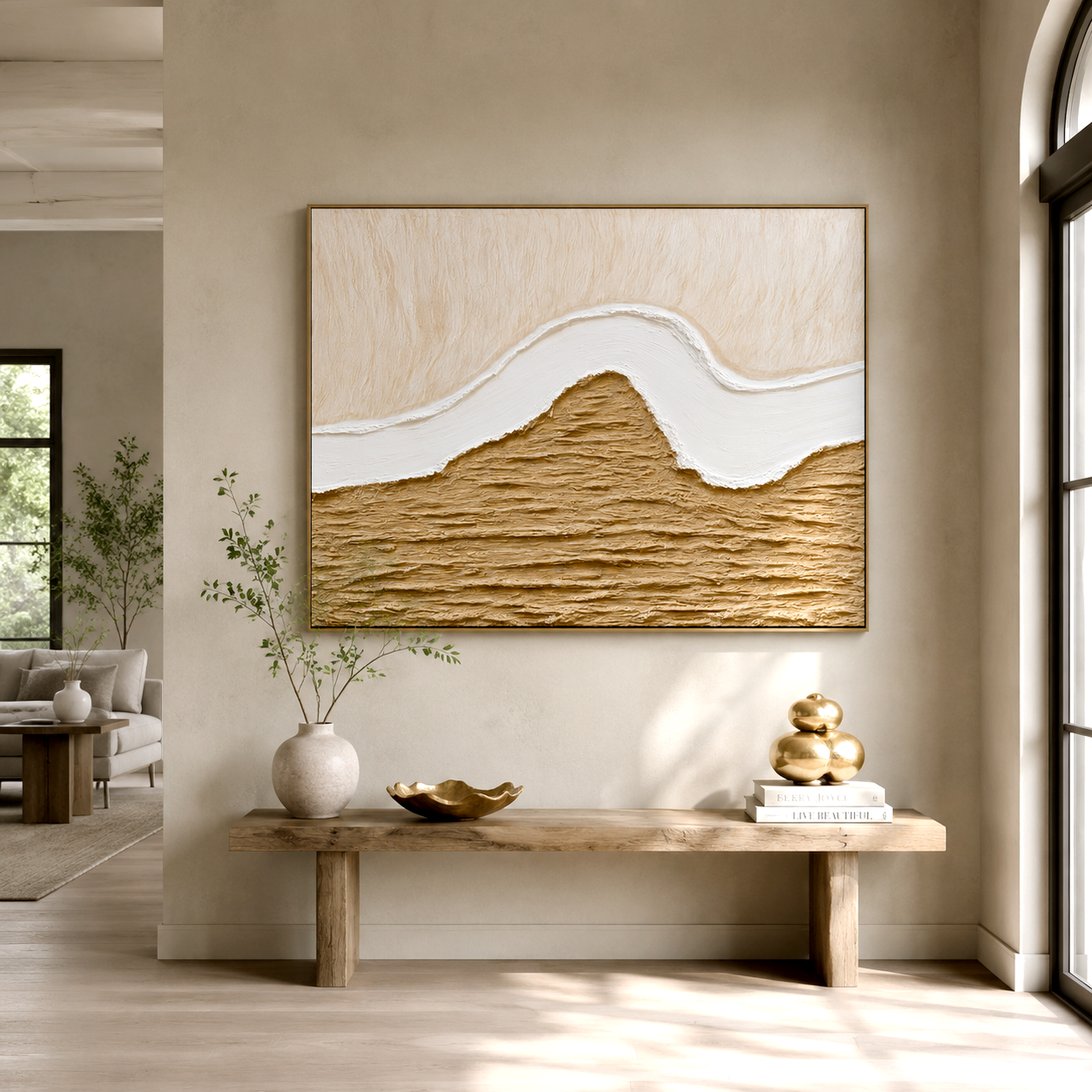 Neutral textured abstract wall art with flowing white curve