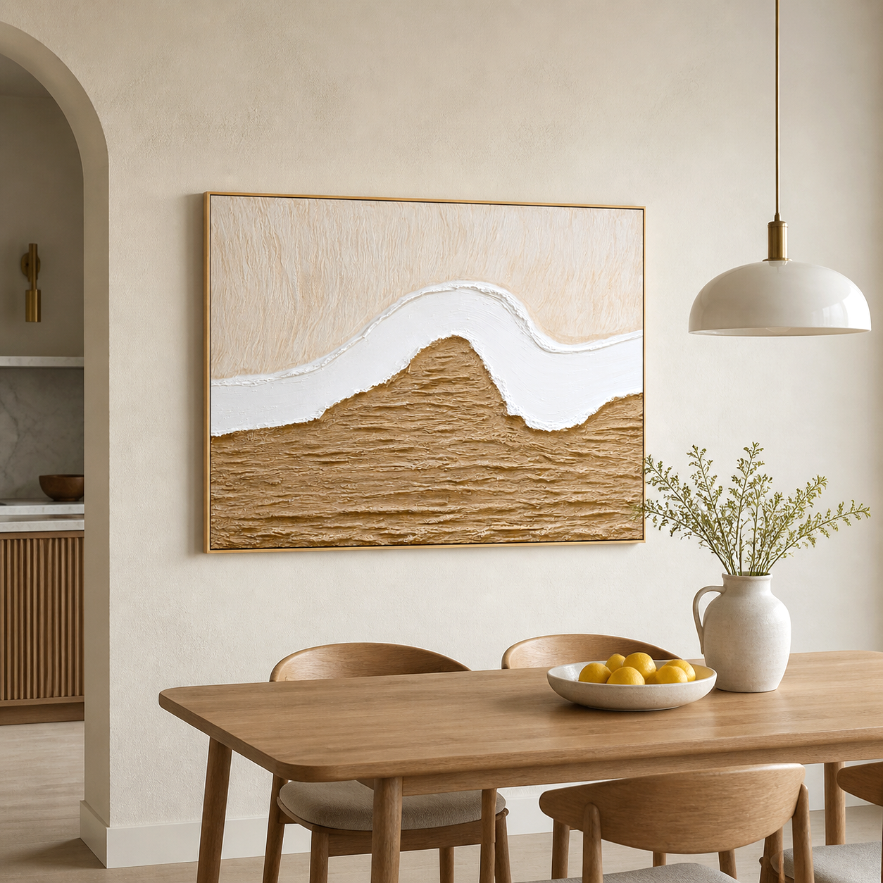 Neutral textured abstract wall art with flowing white curve
