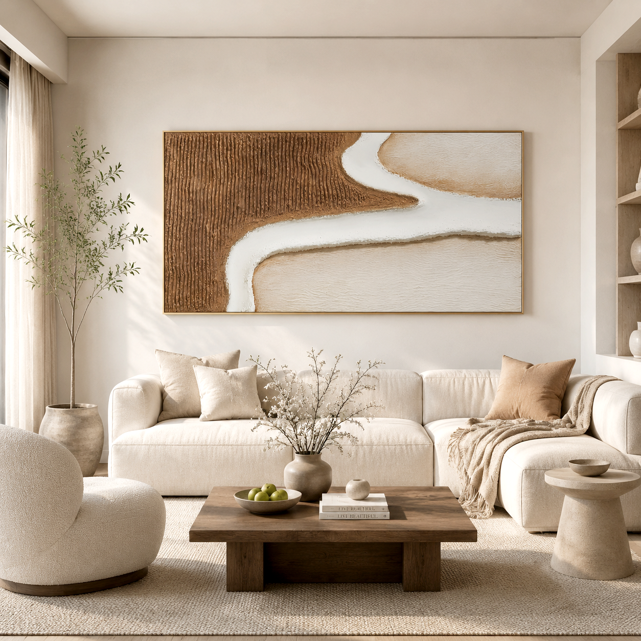 Neutral minimalist textured wall art with flowing white line