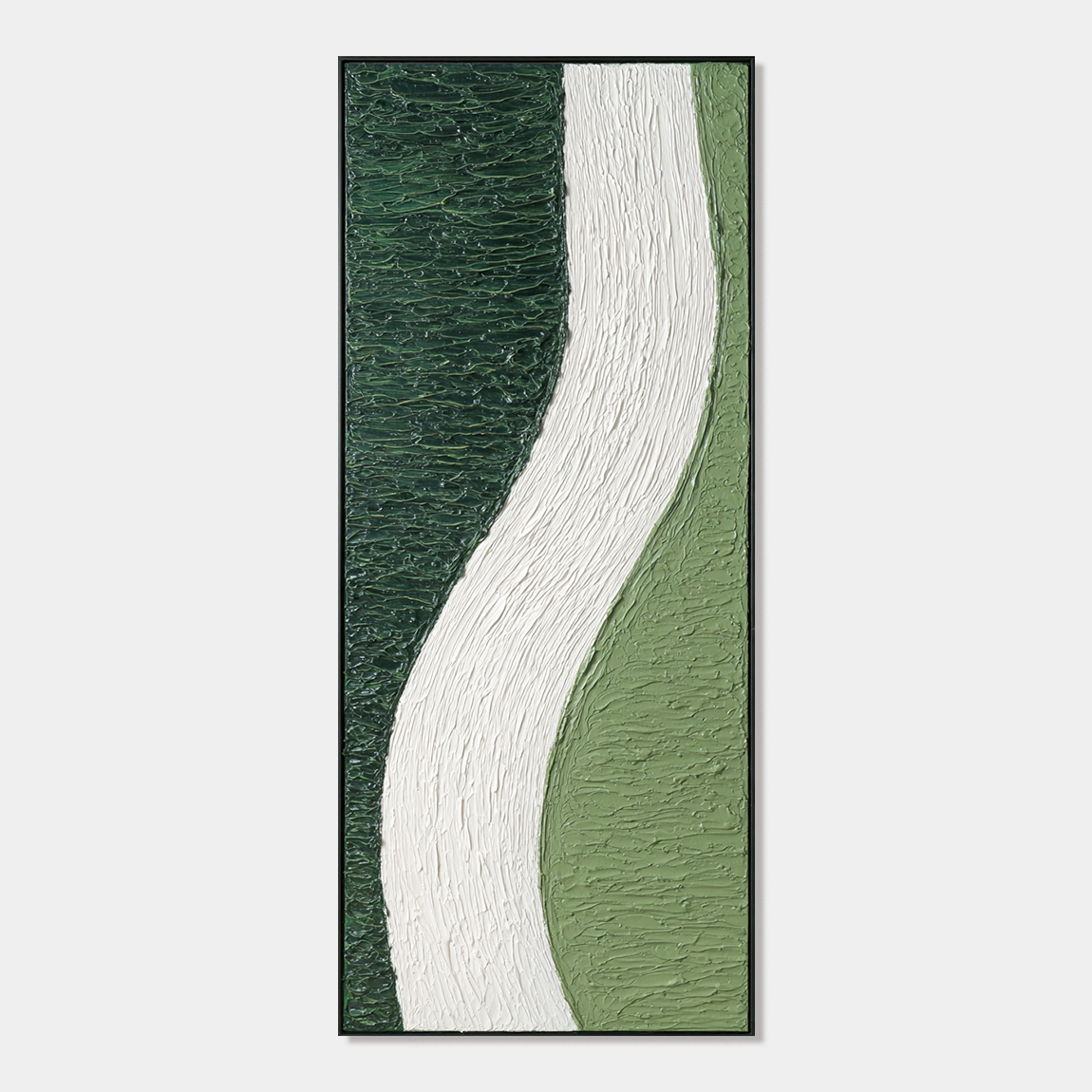 Minimalist green and white textured wall art with flowing design