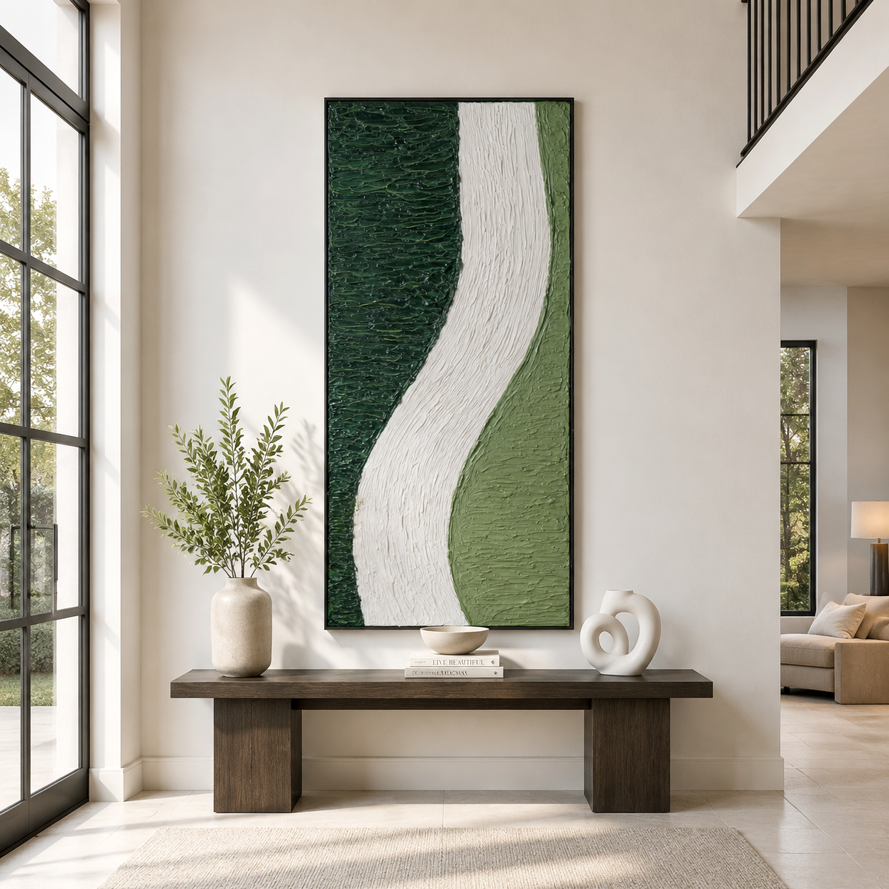 Minimalist green and white textured wall art with flowing design