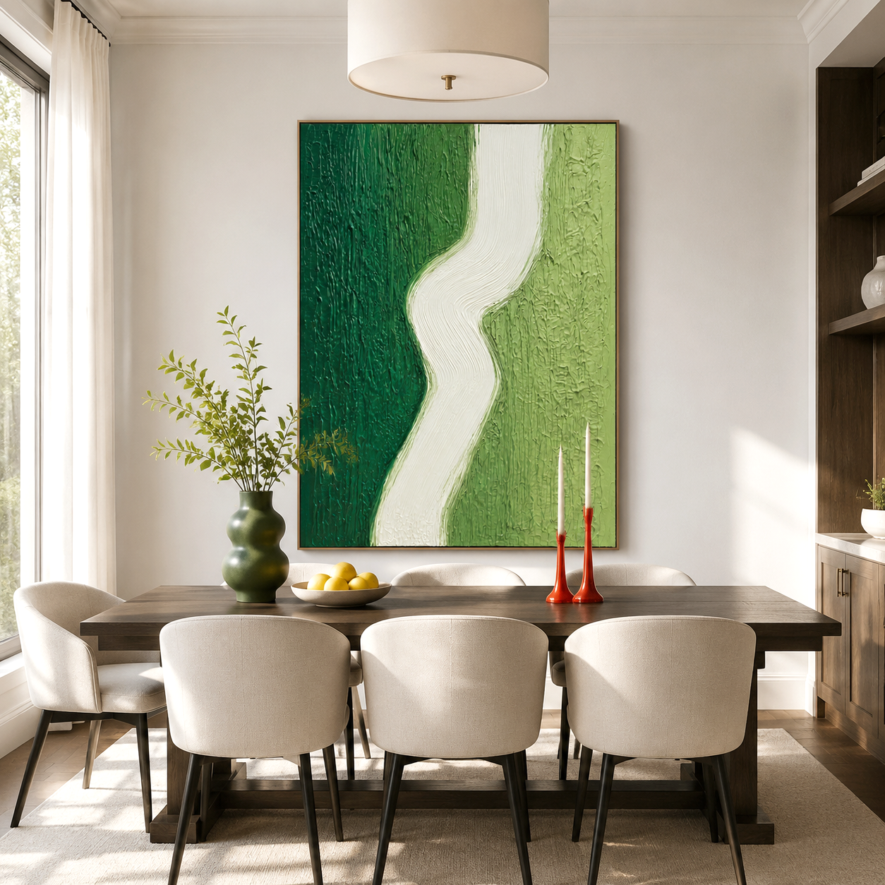 Minimalist hand-painted wall art in green and white with textured design