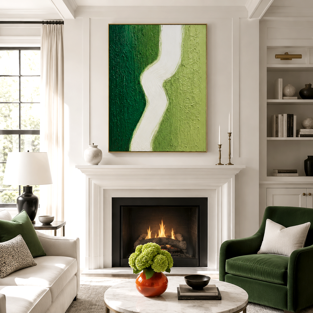 Minimalist hand-painted wall art in green and white with textured design