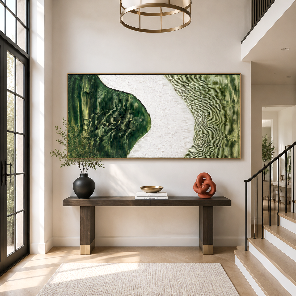 Hand-painted textured wall art in green and white with flowing path design