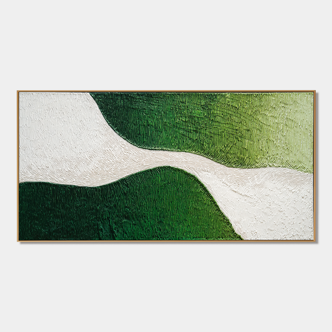 Hand-painted textured abstract wall art with flowing white path and green shades
