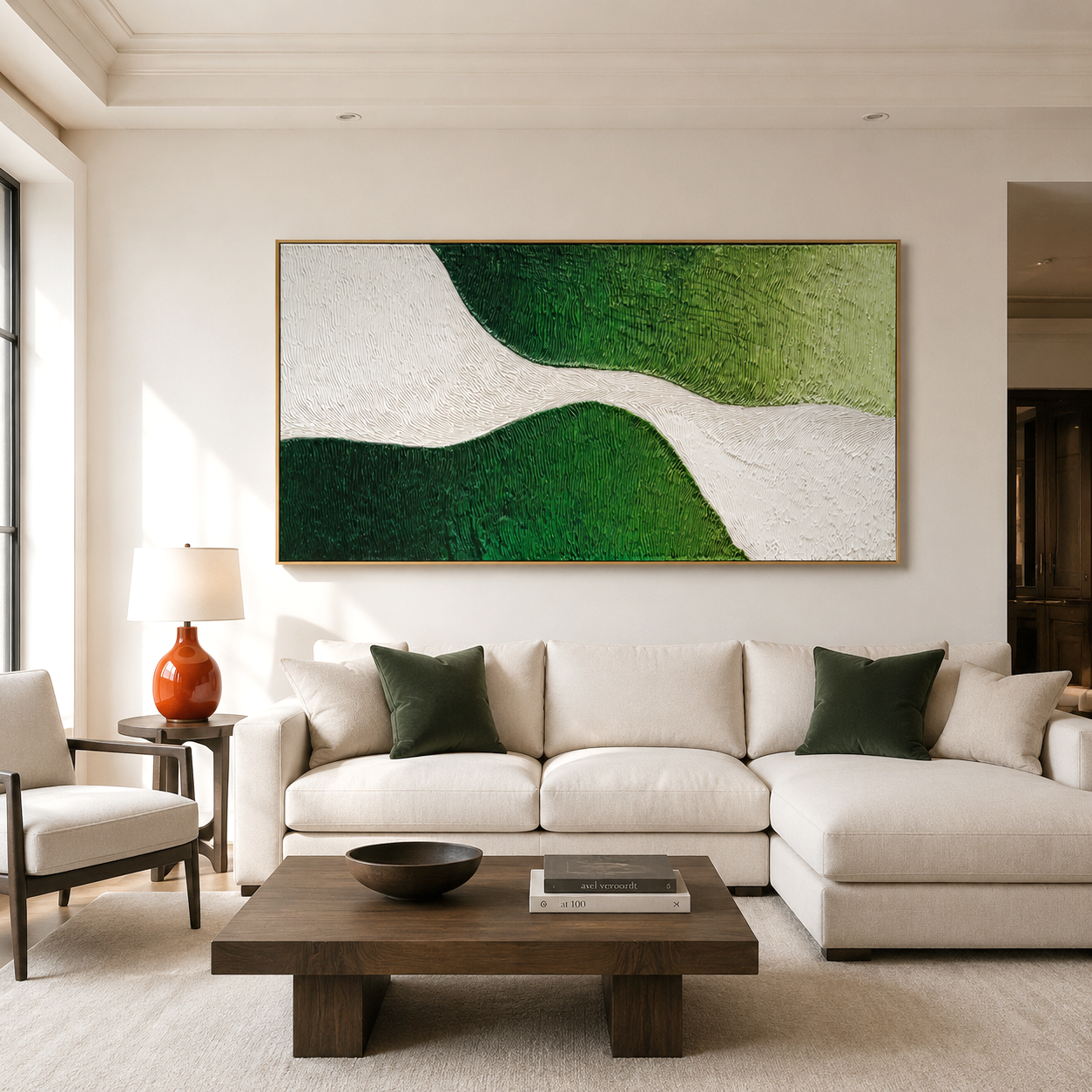 Hand-painted textured abstract wall art with flowing white path and green shades