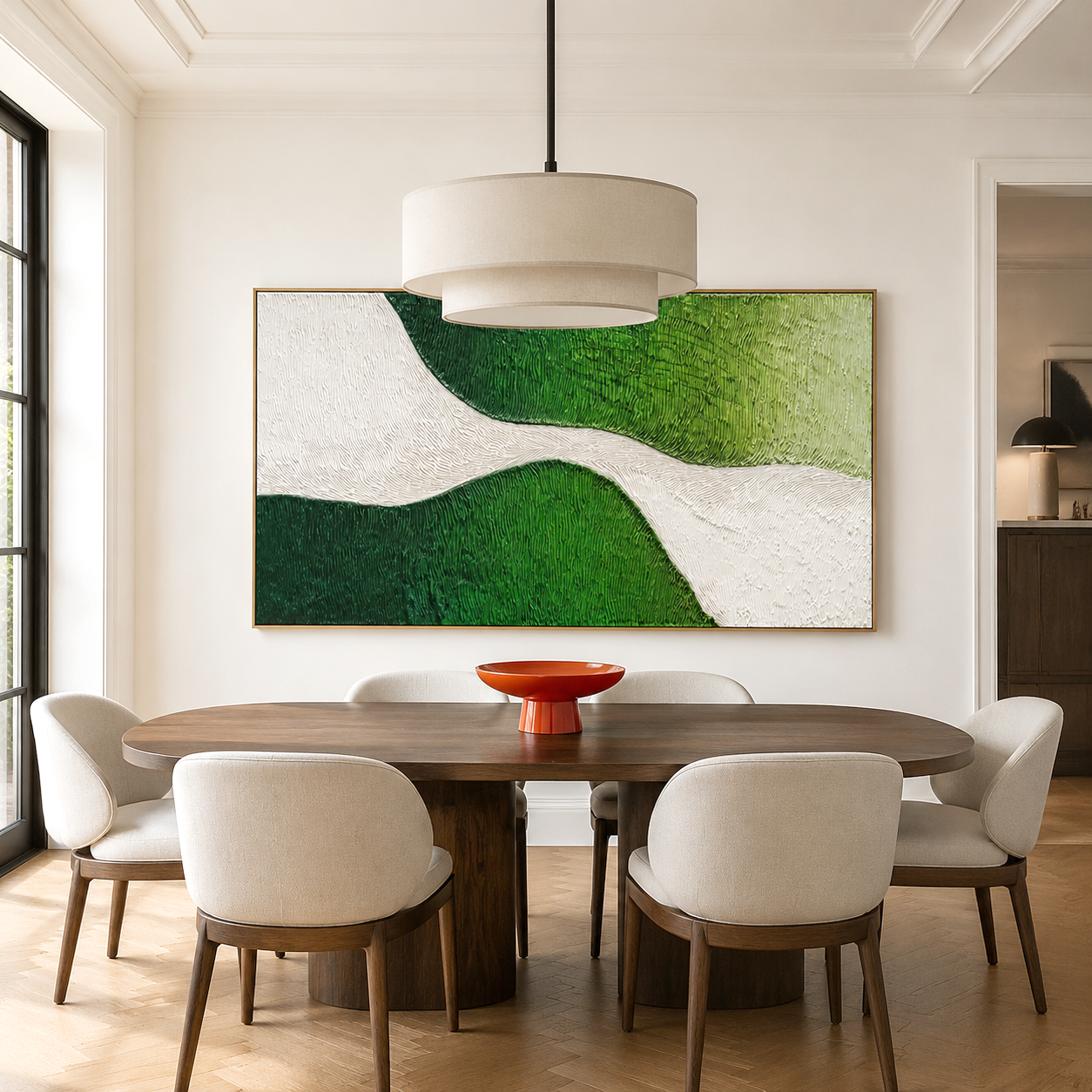 Hand-painted textured abstract wall art with flowing white path and green shades