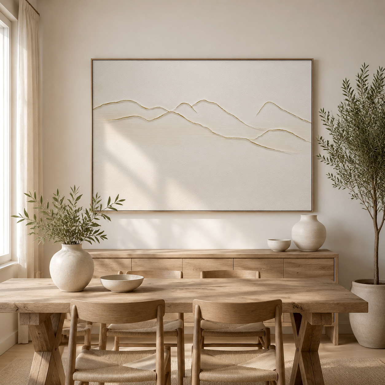 Minimalist beige textured mountain wall art with 3D raised lines