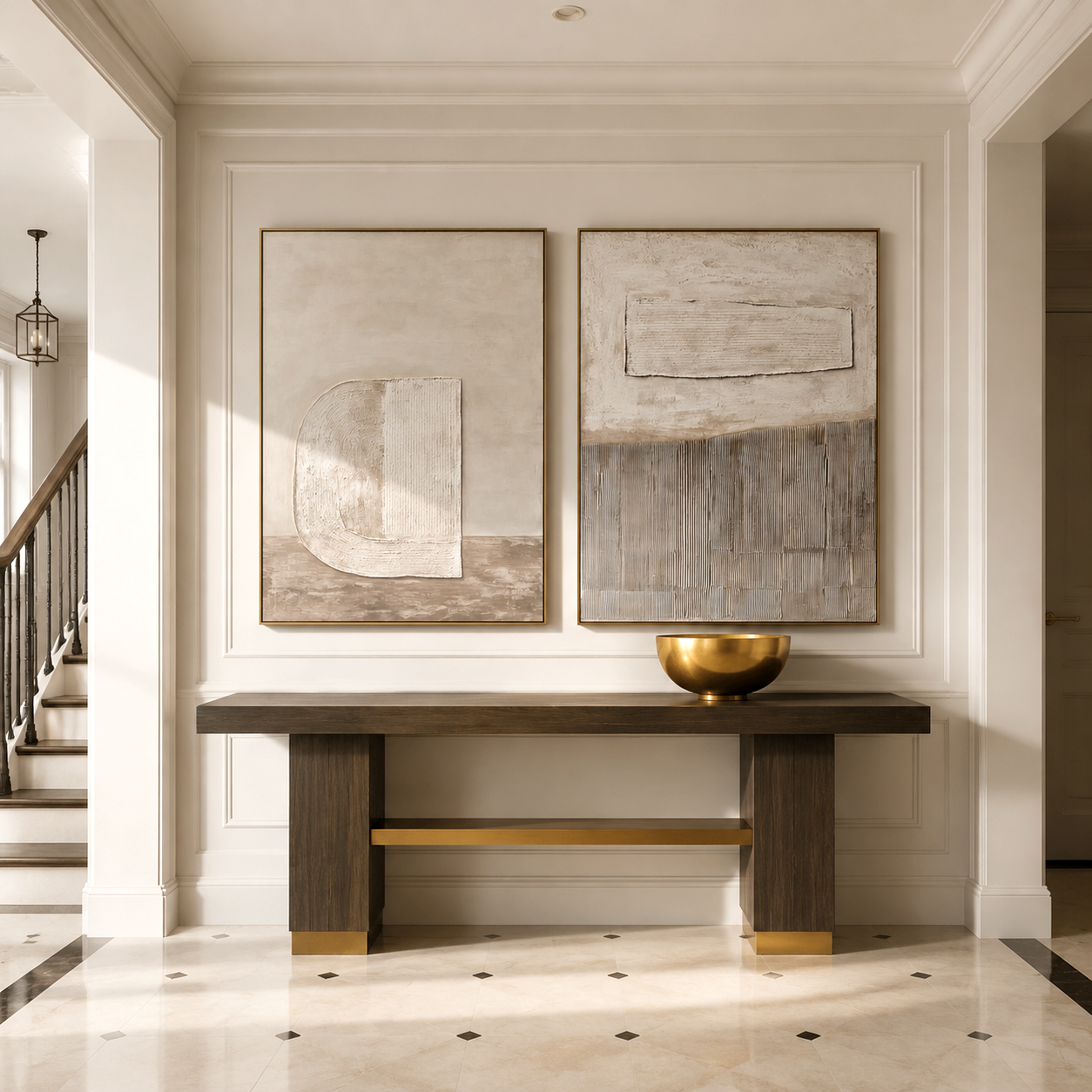 Neutral minimalist textured abstract diptych wall art set in beige and taupe