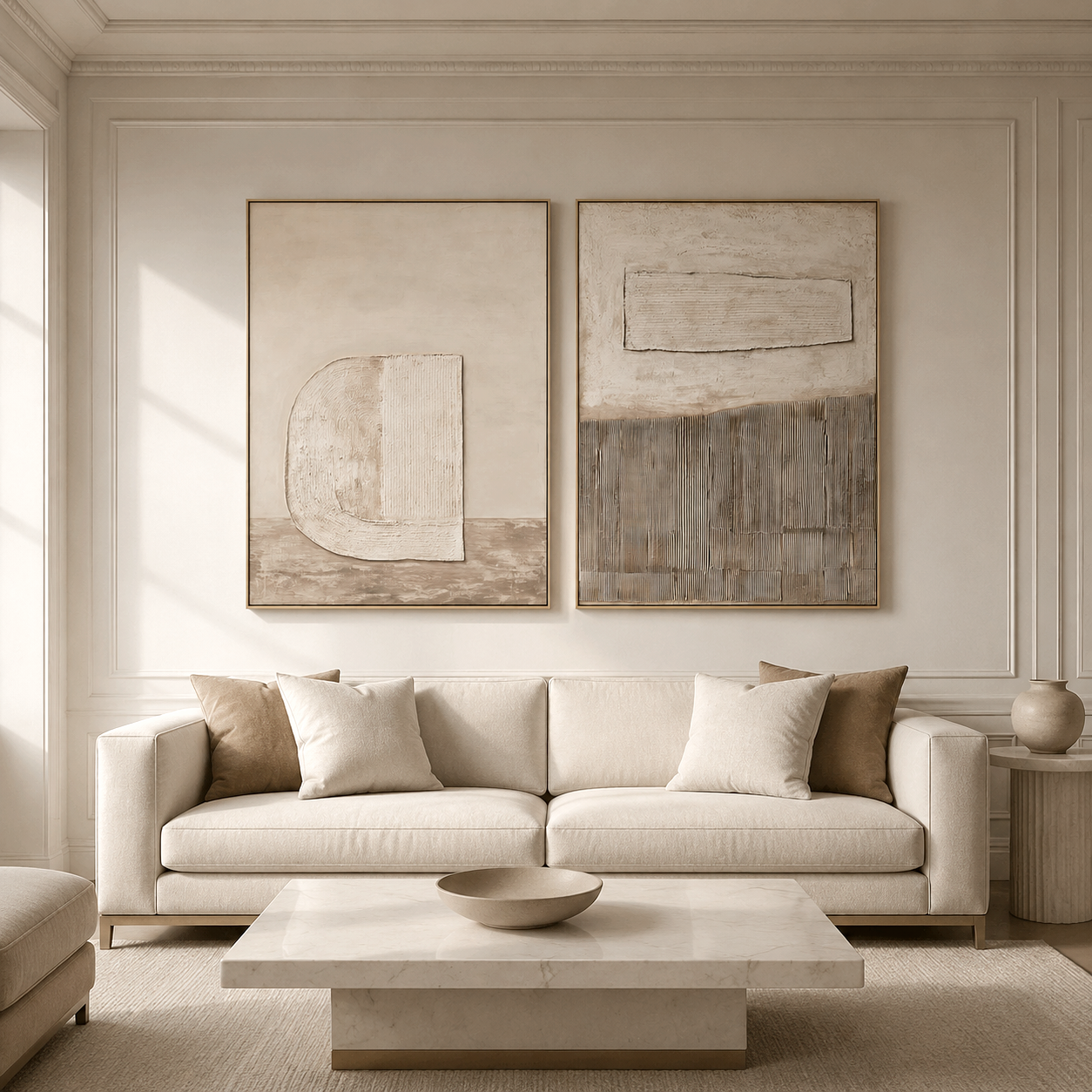 Neutral minimalist textured abstract diptych wall art set in beige and taupe