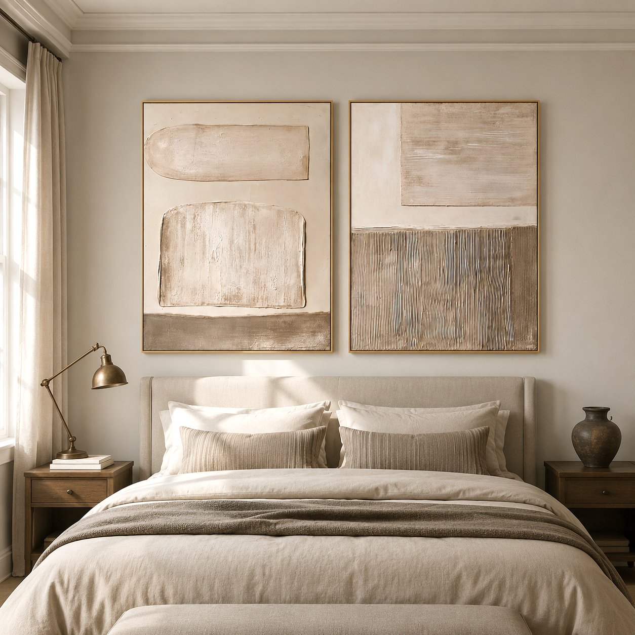 Neutral textured abstract diptych wall art set with hand-painted geometric shapes