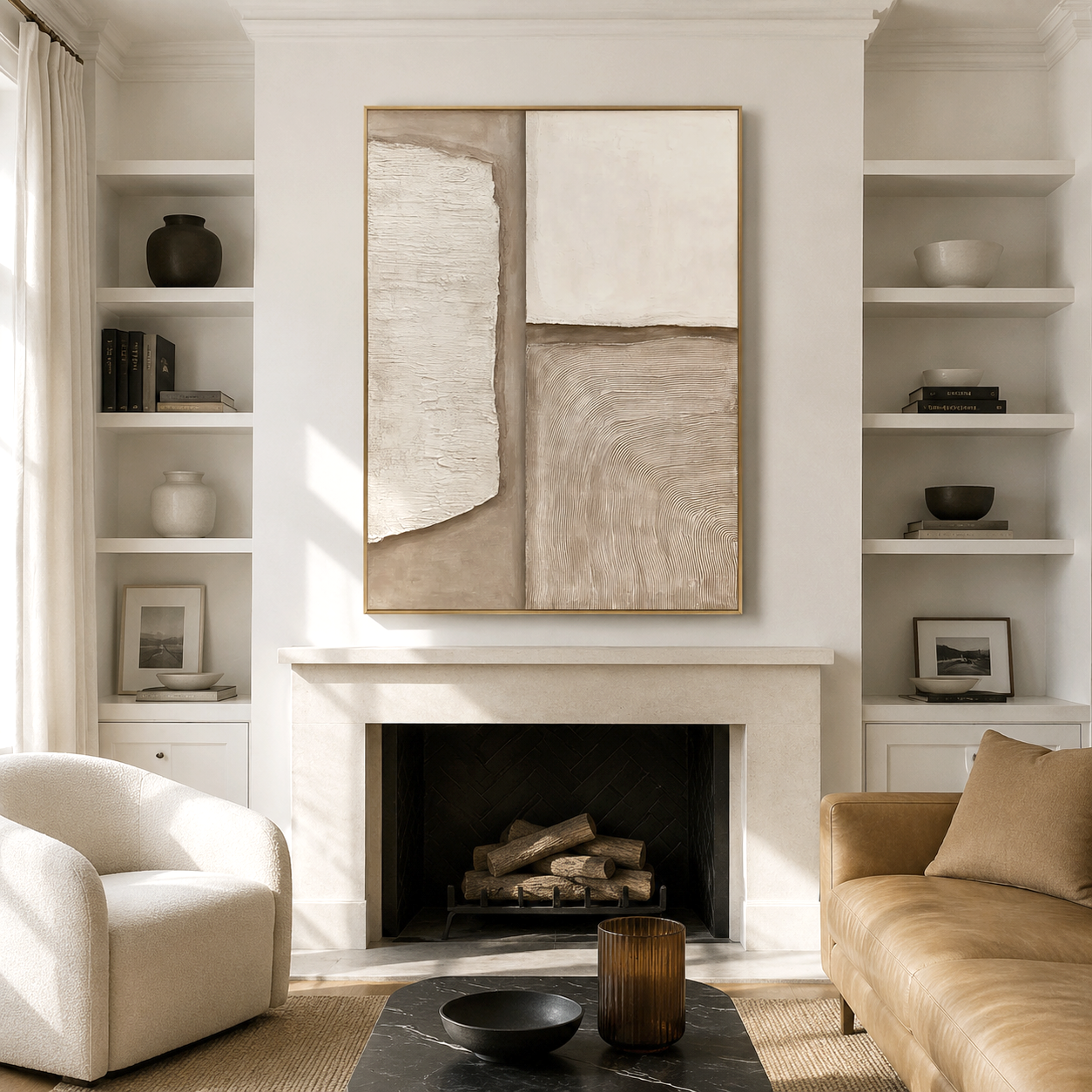 Neutral textured abstract wall art with hand-painted minimalist design in beige