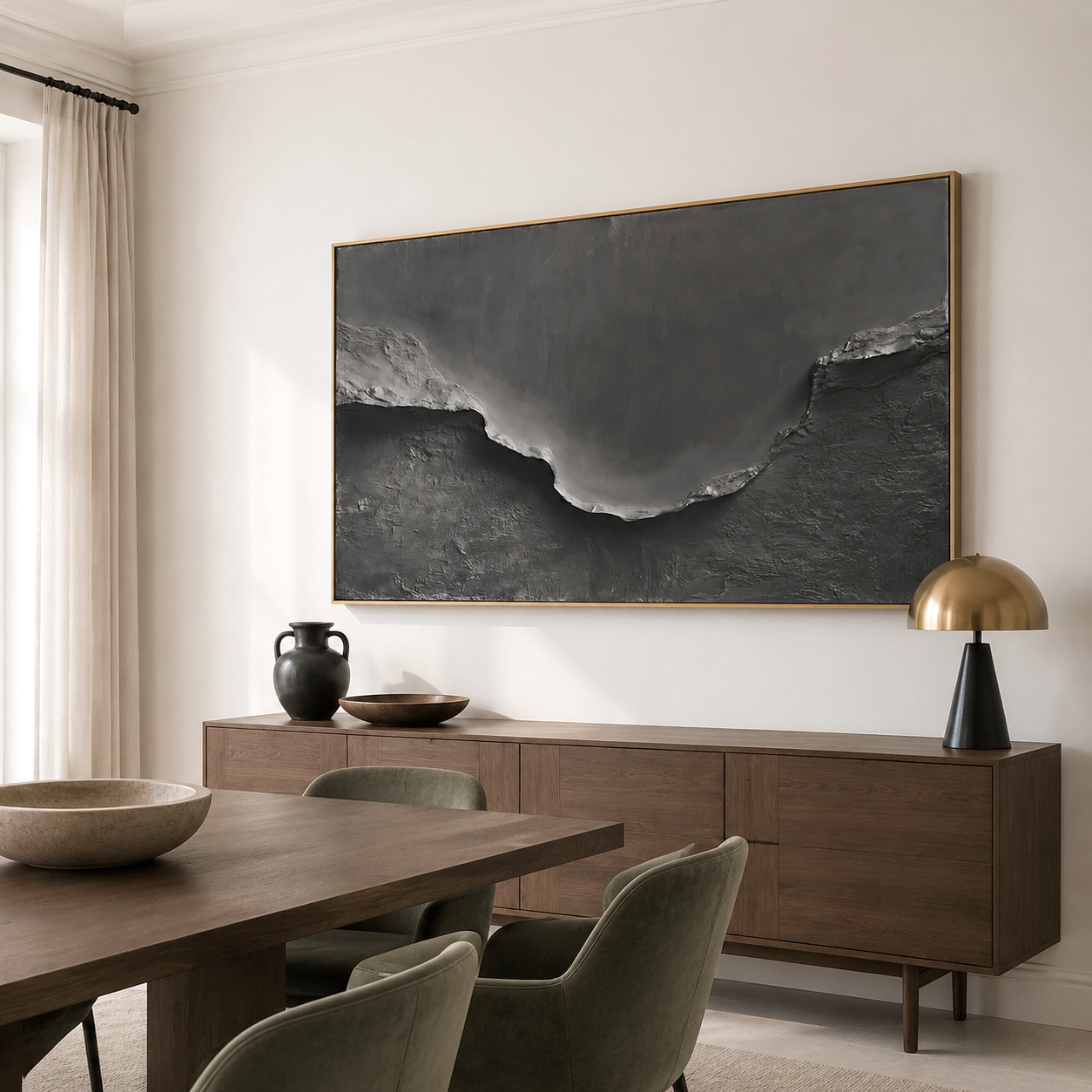 Hand-painted black textured abstract landscape wall art with 3D surface