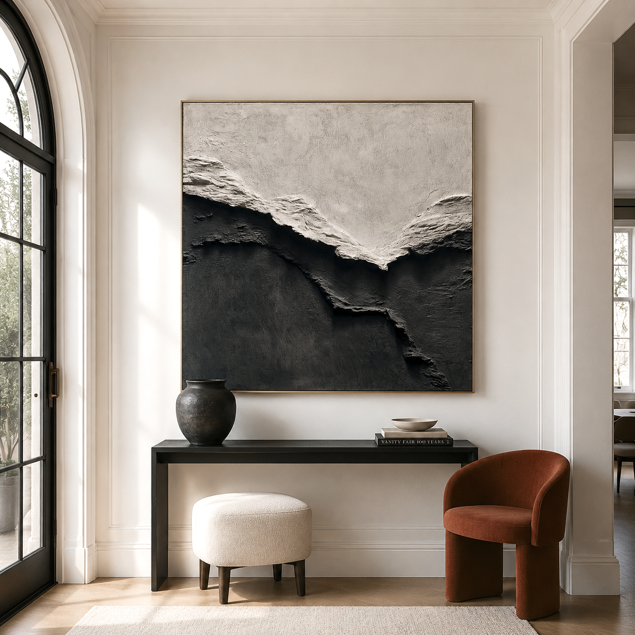 Hand-painted monochrome textured abstract landscape wall art in black and white
