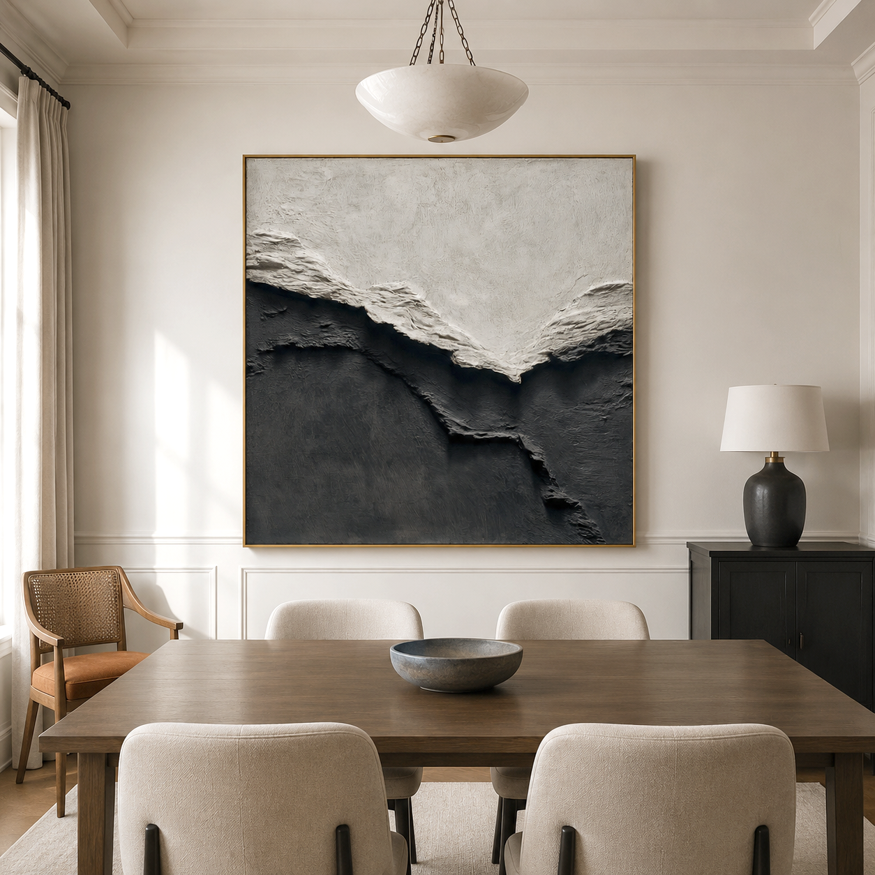 Hand-painted monochrome textured abstract landscape wall art in black and white